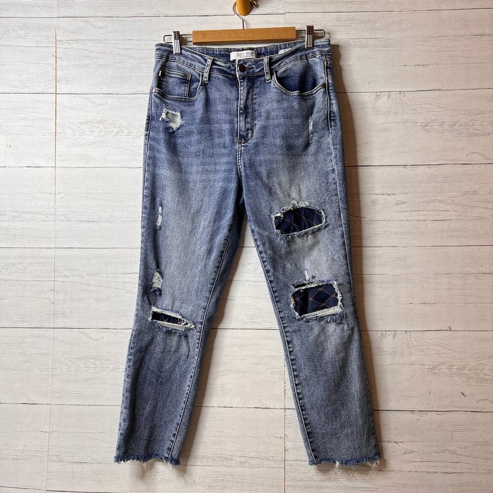 Judy Blue Jeans Womens Size 11/30 Slim Fit Distressed with Patches Cotton Blend